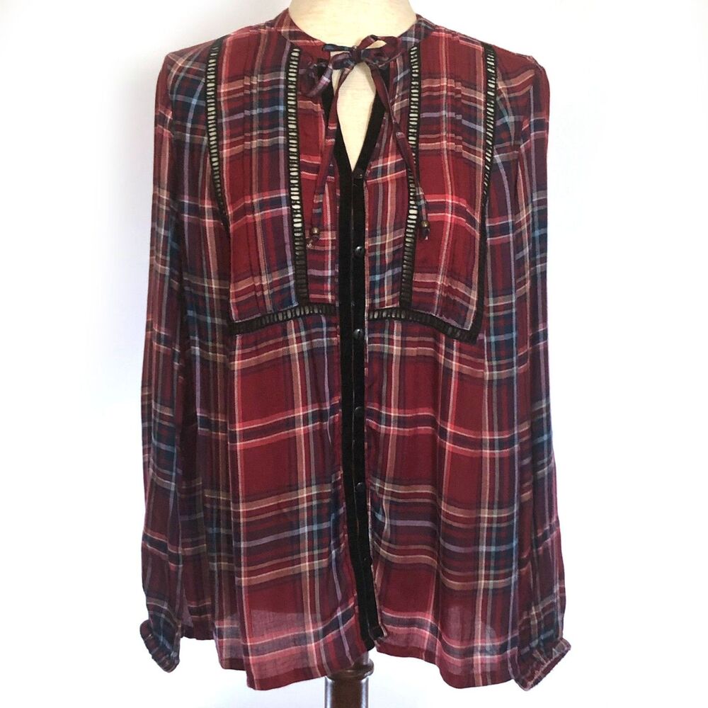 Seven7 Maroon Plaid Peasant Tie Neck Button Top SM